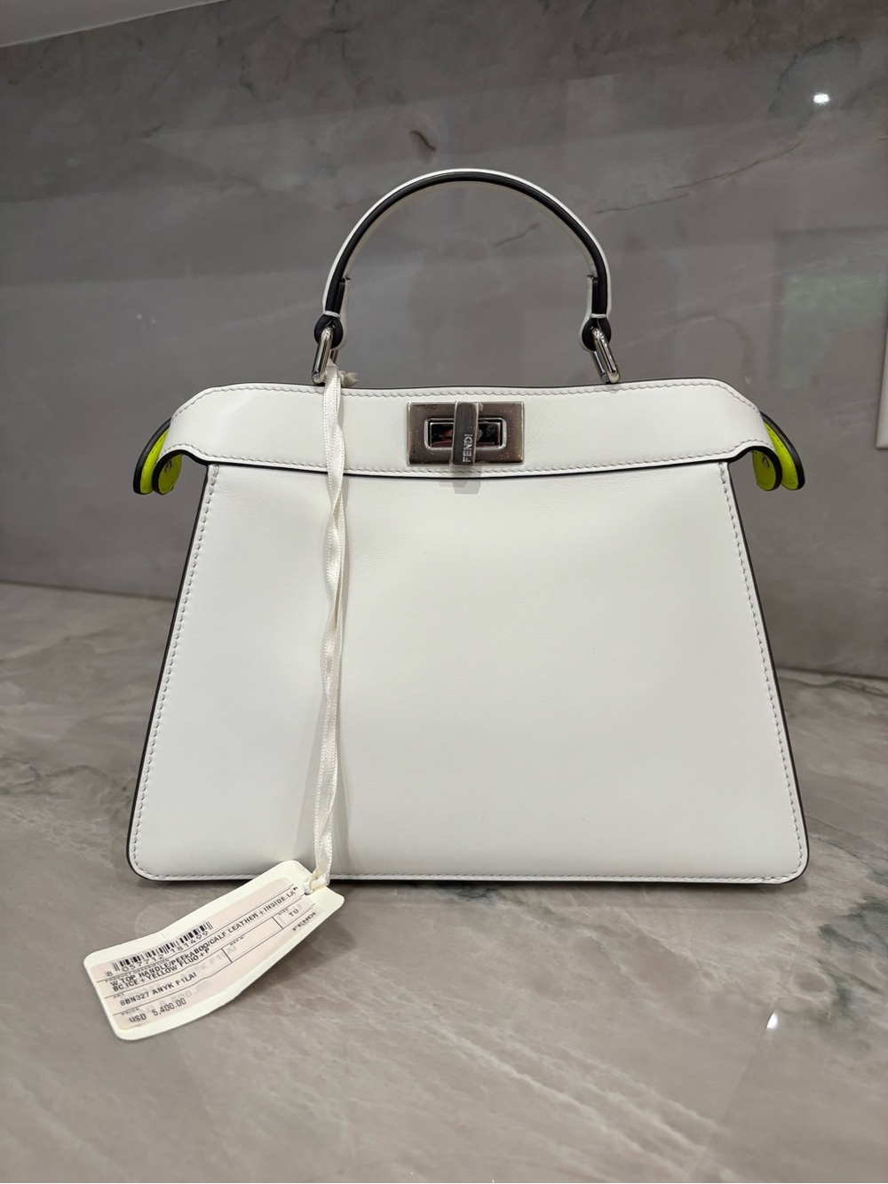 Fendi Peekaboo ISeeU Small Top-Handle Leather Handbag with Neon Lime